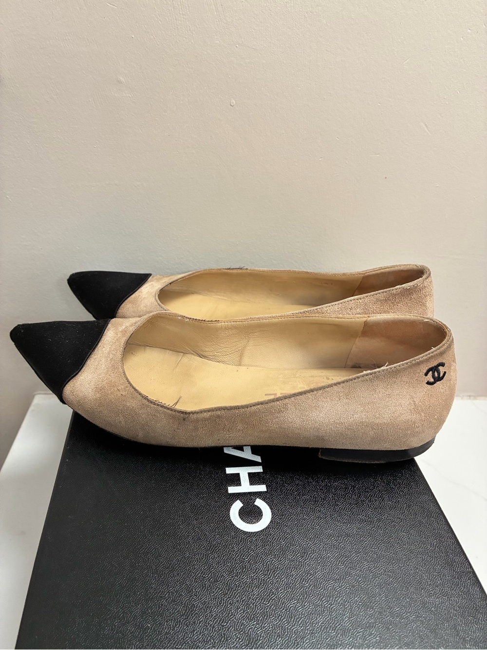 Chanel Classic Two-Tone Suede with Satin Cap-Toe Ballet Flats in Beige and Black